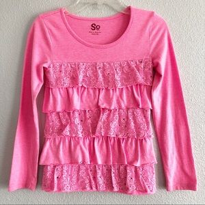 SO Pink Ruffle Long Sleeve Sparkly Top Sz 7-8